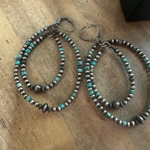 Silver and Turquoise Beaded Hoop Earrings